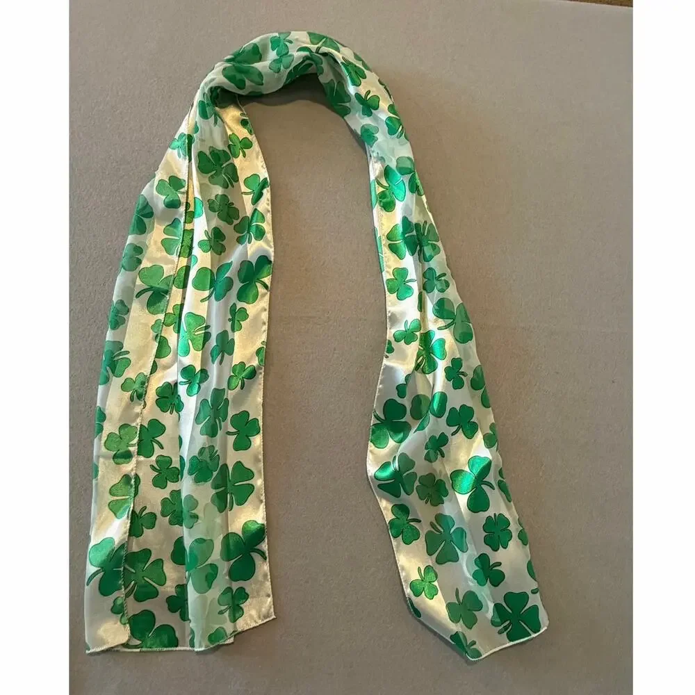 St. Patrick’s Day Shamrock Satin Scarf Sash Green Clover Print 60” Long